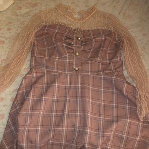 Gyaru kawaii lace sleeve pink plaid dress